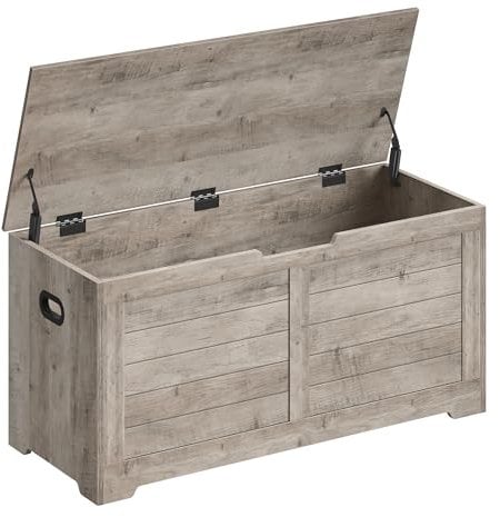 VASAGLE Schuhbank, Sitzbank mit Stauraum, Sitztruhe mit 2 Sicherheitsscharnieren, Aufbewahrungsschrank, Landhausstil, 40 x 100 x 46 cm, für Flur, Schlafzimmer, Wohnzimmer, Greige meliert LSB061K02