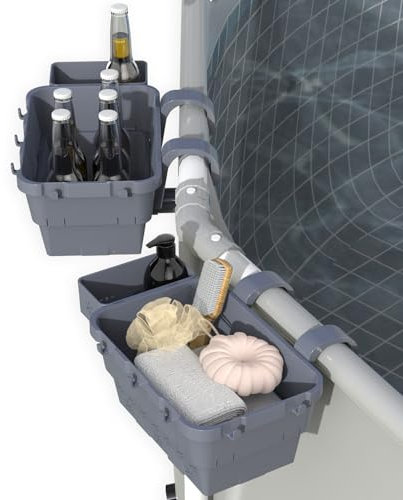 SALMOPH YCGL-1 Aufbewahrungskorb mit Getränkehalter-Haken, dehnbarer Pool-Spielzeugkorb für die meisten Rahmenpools, Poolzubehör für oberirdische Schwimmbäder, Grau, 2 Stück