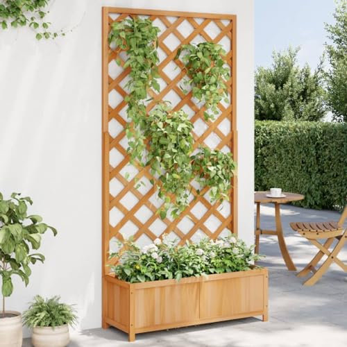 Rantry Pflanzkübel mit Rankgitter Pflanzkasten Rankhilfe Pflanzkasten mit Spalier Blumenkasten mit Spalier Rankgitter Gartenspalier für Kletterpflanzen Braun Massivholz Tanne