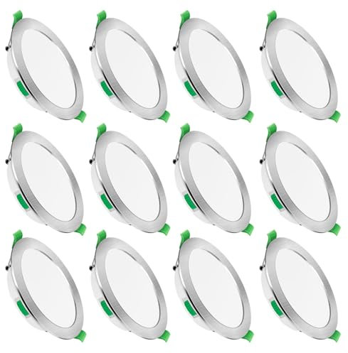 ALUSSO LED Einbaustrahler 230V 7W Dimmbar 580lm IP44 Einbauleuchten, Rund Chrom gebürstet Deckenspots, Warmweiß 3000K Neutralweiß 4000K Kaltweiß 6500K Einstellbar Deckenstrahler, 12er Set