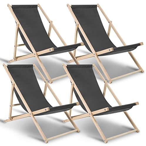 Hebitod Liegestuhl Holz Klappbar, 4 Ser Set, Verstellbar 120kg Belastbar, Sonnenliege für Strand, Camping, Balkon, Pool, Holzklappstuhl, Strandliege, Wetterfest Relaxliege, Campingliege, Grau