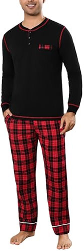 Litherday Schlafanzug Herren Lang Kariert Zweiteiliger Pyjamas Set mit Rundhals Nachtwäsche aus Baumwolle Winter Pyjama, Schwarz+rot, XXL