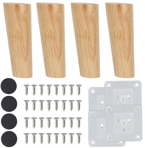 Luabue 4-teilige Holz-Möbelfüße - Rund, Schräg, 15cm mit Montageplatten und Schrauben - für Schränke, Tische, Stühle und mehr