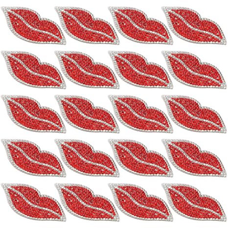 20Pcs Red Lip Rhinestones Patches, Iron On Sew On Sequins Lip Patch for Embroidered Applique Craft