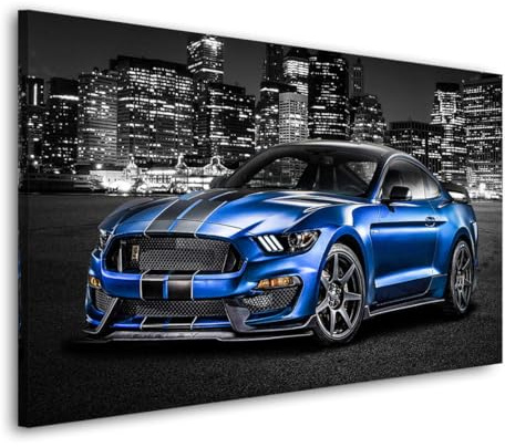 Kunstgestalten24 | Ford Mustang Abstrakt Blue City Style Auto Leinwand-Bild | mit Echtholz-Keilrahmen | Leinwandbild Wandbild Gemälde Kunst Art | Hochwertige Kunstdrucke | XXL Bilder auf Leinwand