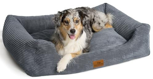 FREUDENTIER Orthopädisches Hundebett aus Cord - Waschbar - Herausnehmbares Liegekissen - Oeko® TEX Zertifiziert & Handmade in Europe - Für kleine, mittelgroße & große Hunde (Dunkelgrau, M)