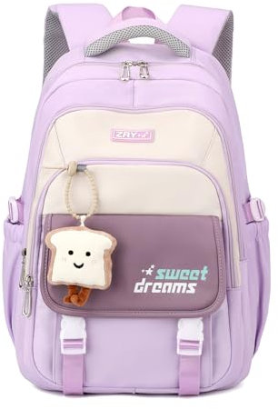 Amythe Schulrucksack Teenager - 36L Schulranzen für Mädchen ab 5. Klasse, Großer Rucksack für Mittel- und Oberstufe, Lässiger Kinderrucksack mit Süßem Anhänger und Trolleyband, Lila