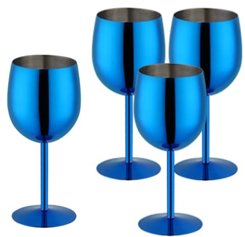 TEAHAHA Stainless Steel Wine Glasses Set of 4,350ml Fancy Unique Unbreakable Goblet Glass Set White Red Wine Stemmed Cocktail Glasses Metal Drink Champagne Goblet Party Wedding (Blue)