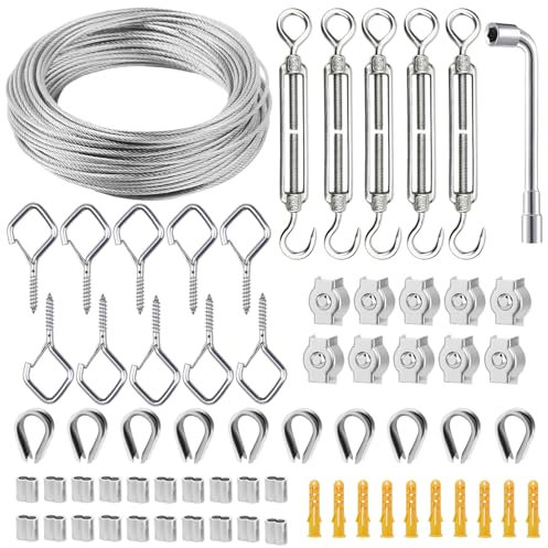 Golgner 40m 2mm Drahtseil Rankhilfe Set, 304 Edelstahl Drahtseil Spanndraht, Spanndraht Seilspanngarnitur, mit PVC Ummantelt, Ösenschraube, Spannschloss, für kletterpflanzen, Wäscheleine, Gardinen