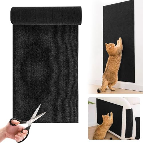 Kratzmatte Katze Selbstklebend, 200×30 cm Kratzteppich Katze Verdickte Katzen Kratzmatte Wand DIY Trimmbarer Katzenteppich Katzenkratzmatten für Kratzwand Sofa Möbel (Schwarz)