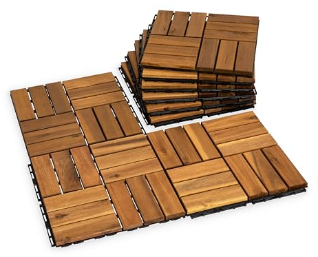 VICTORY RELAX Interlocking Acacia Wood Deck Tiles, 9-Pack, 12 Slats, Waterproof Outdoor Flooring for Patio, Balcony, Garden – Natural Finish, 12.2 x 12.2 x 0.7