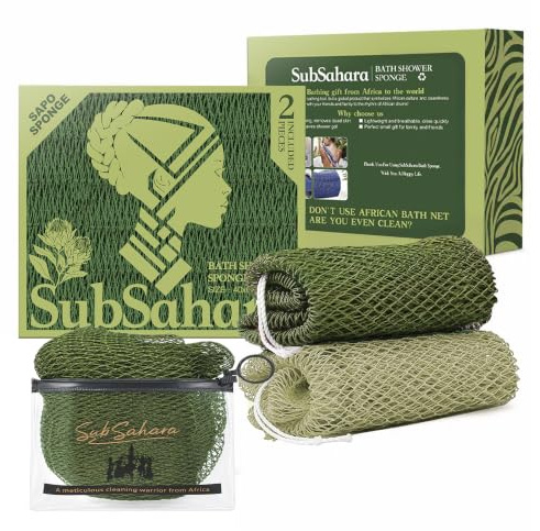 SubSahara Authentic African Net Sponge, 2 Pack 45-Inch Exfoliating Bath Sponge and Shower Loofah for Body and Back, Quick-Dry Durable Knotted Mesh Scrubber (Olive Green & Light Green)