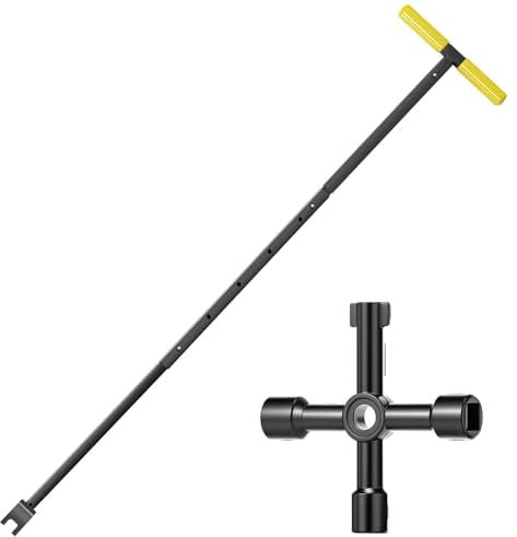 LuLobtg Water Meter Key with 4 Way Utility Tool Carbon Steel T Shape Water Shut Off Tool 17''-37'' Adjustable Length Water Meter Wrench for Faucets Valve Water Pipes(Yellow)