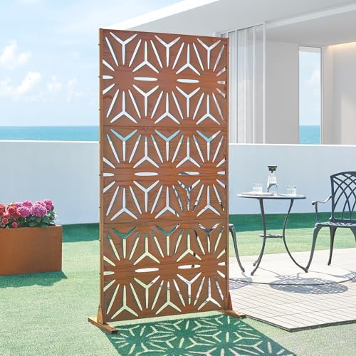 casa.pro Pannello Divisorio Decorativo in Acciaio Corten 180x90 cm Frangivista a Motivo Raggi Floreale Separé Paravento per Giardino Balcone Soggiorno - Marrone Ossidato