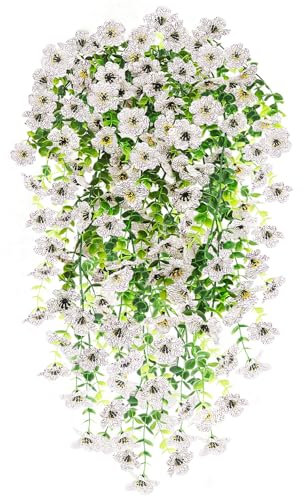 Epaing Kunstblumen Hängend, 2 Stück Künstliche Blumen für Draußen, Hängepflanze Künstlich, Hängende Kunstpflanzen, Künstliche Hängepflanzen für Haus Balcony Hof Hochzeit im Freien Indoor-Dekor(Weiß)