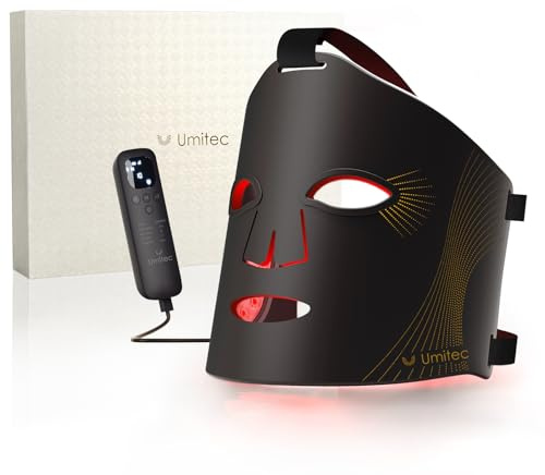 Umitec LED Face Mask, Red Light Therapy Mask, Four Modes Red & Blue LED, Remote Control, 4000mAh, Storage Bag, Head Strap, Eye Pads(S/M/L), Office and Home Use, Gift for Mother, Girls(Black)