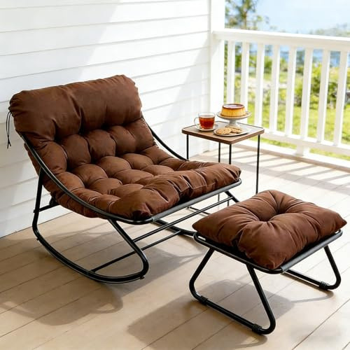 Schaukelstuhl mit fußstütze,Outdoor schaukelstuhl,Outdoor Lesesessel,Relaxstuhl mit Gepolstertem Kissen,bis 150 kg Belastbar, Schaukelliege Outdoor Innen für Garten, Schlafzimmer, Terras. (Braun)