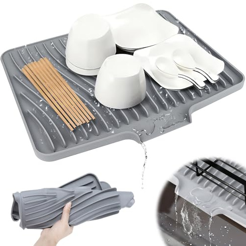 KOVSGQ Alfombrilla Escurreplatos de Silicona escurreplatos silicona alfombrilla escurridor 40x33cm Antideslizante Resistente al Calor plegable de secado rápido para Encimera de Cocina (Gris)