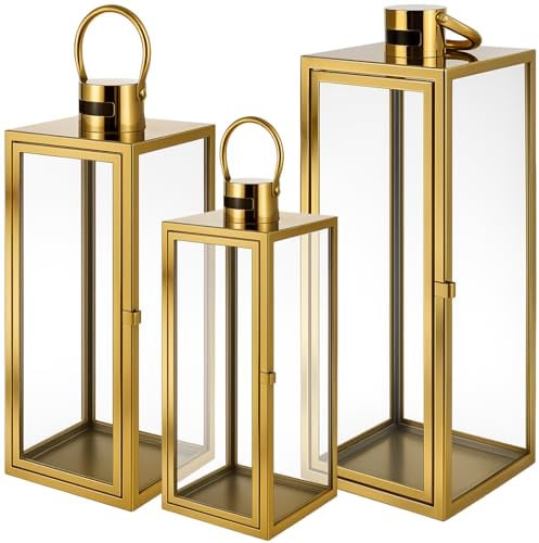 Ruhhy Laternen 3er-Set XXL, Glas & Edelstahl Windlichter für Kerzen & LED, innen & außen, für Outdoor Wohnzimmer Garten Balkon Innen Indoor (Golden)