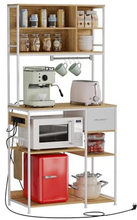 EGGREE Küchenregal mit Steckdosen 40 x 80 x 181,6 cm, Vertikale Küchenregale, Standregal Backregal verstellbare Ablagen, Stoffschublade, 10 Haken,Küchenlager, Holztextur - weiß