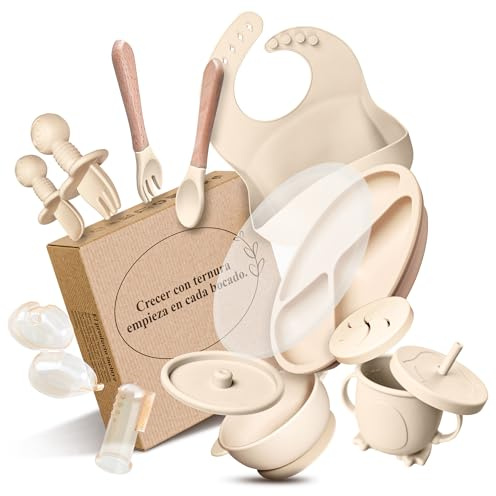 Nimbro Vajilla Bebé Silicona con Ventosa – Set Alimentación Infantil con Plato Dividido y Cubiertos Ergonómicos | Sin BPA | Apto Lavavajillas y Microondas | BLW