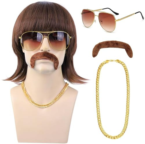 CHRI 80er Jahre Outfit Herren Perücken Vokuhila 4er Set Männer | 70er 80er Jahre Kostüm Accessoires Herren Vokuhila Perücke für Rocker Disco Punk Hippie Karneval Fasching Perücke(Braun)