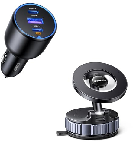 UGREEN 130W 3-Port Car Charger and Vacuum Magneitc Car Phone Holder