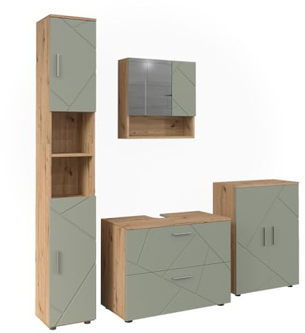 Vicco Badmöbel-Set Irma, Salbeigrün, 80 cm | besteht aus Waschbeckenunterschrank, Spiegelschrank, Hochschrank und Midischrank