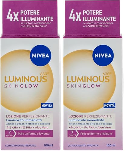 NIVEA Luminous630 Skin Glow Perfektionierende Lotion 100 ml Peeling-Lotion ohne Ausspülen für sofortigen Glanz und einen ebenmäßigen Teint, Gesichtswasser mit AHA, PHA und Aloe Vera (Packung mit 2)