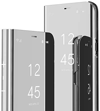 HMTECH iPhone XR Case Luxury Clear View Mirror Case for Men Women Girl Leather Swag Flip Case Cover with Stand Function for iPhone XR 6.1 Inch, Silver Mirro PU