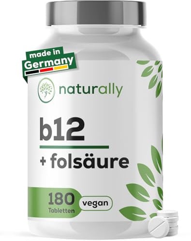 naturally Vitamin B12 Folsäure hochdosiert – Methylcobalamin | Für Energie & Nerven, ideal vegan, beide Aktivformen + Folat 5-MTHF, 180 Tabletten, ohne Zusätze