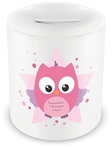 Samunshi® Kinder Spardose mit dem Motiv Rosa Baby Eule Tier - Jungen und Mädchen Sparschwein Sparbüchse weiß