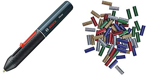 Bosch Akku Heißklebestift Gluey Smoky Grey (mit 20 Klebesticks, im Karton) grau + Bosch 2608002006 Mini Sticks Glitzer 70tlg. (Glitzernde Klebesticks, Zubehör für Heißklebestift Gluey)