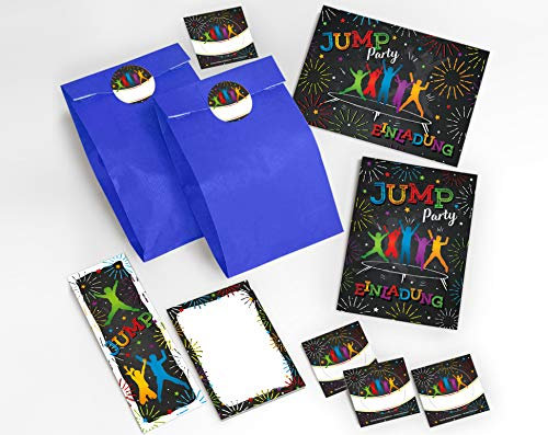 JuNa-Experten 10 Einladungskarten Kindergeburtstag Jump Trampolin Mädchen incl. 10 Umschläge, 10 Tüten/dunkelblau, 10 Aufkleber, 10 Lesezeichen, 10 Blöcke