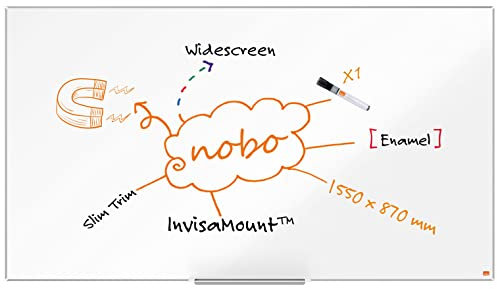 Nobo Magnetisches Widescreen-Emaillle-Whiteboard mit Stiftablage, 1550 x 870 mm, Schlanker Zierrahmen, InvisaMount-Montagesystem, Impression Pro, Weiß, 1915251