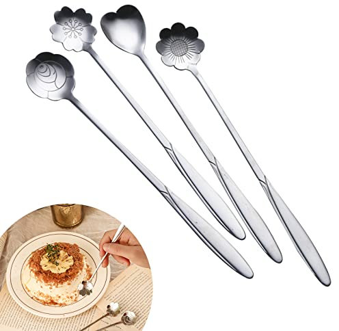FGYGTOP 4 Stück Kreativer Kaffeelöffel Joghurt Löffel Kleine Esslöffel Milchshake Dessert Eis Marmelade Mokkalöffel Latte Teelöffel Lange Blumen Set(silber)