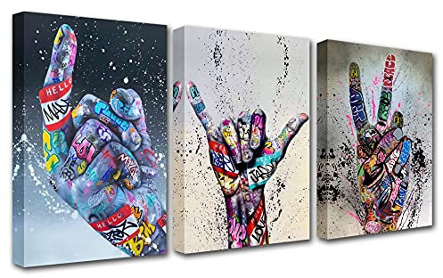 Walarky Graffiti-Banksy-Dekoration, Faust, inspirierende Finger, Kunstwerk, abstrakte bunte Gemälde, nordische Kunstwerke für Wohnzimmer, 3 Paneele auf Leinwand, gerahmt, fertig zum Aufhängen