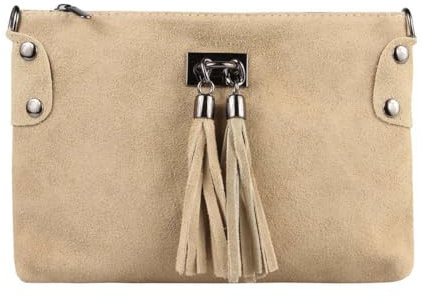 ITALYSHOP24 Made in Italy Damen Leder Clutch Tasche Wildleder Handtasche Umhängetasche Ledertasche Schultertasche Beuteltasche Fransen Cross-Over (Helltaupe), ca.: 24x16 (BxH)