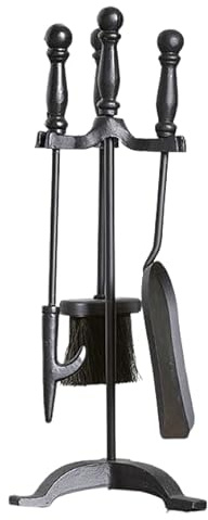 Contempary Traditional Fireside Tool Set Vintage Style Indoor Companion Set Fireplace Coal Fire Wood Burner Accessories Tong, Brush, Poker & Shovel Cast Iron Black (FIRE68)