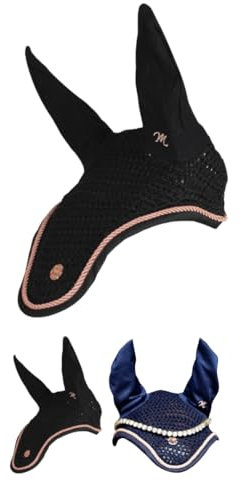 Marengos - Fliegenhaube Modern Rosé | edle Fliegenohren mit roségoldenem Metallplättchen & Zierkordel | Ohrenschutz für Pferde | Schutz vor Insekten | Pferde Zubehör in Schwarz | Vollblut