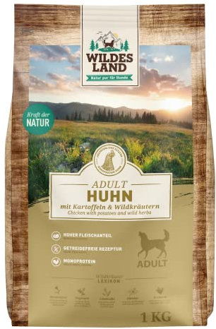 Wildes Land - Nr. 11 Huhn - 1 kg - mit Kartoffeln und Wildkräutern - Glutenfrei - Trockenfutter für Hunde - Hundefutter mit hohem Fleischanteil - Hohe Verträglichkeit