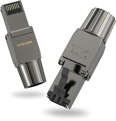 VCELINK RJ45 Stecker Werkzeuglos Cat 7 Cat6a, Netzwerkstecker POE++, Cat 7 Stecker 10 Gbps 600MHz Geschirmter, Lan Stecker mit LSA Anschluss für Installationskabel Verlegekabel, Schwarz, 2 Stück
