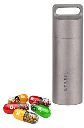 Pastillero Llavero Impermeable, Titanio Diario Viaje Portatil Organizador de Pastillas, Secreto Botella de Pastillas EDC Contenedor de Bolsillo, Ayudas para la memoria, Kits de supervivencia