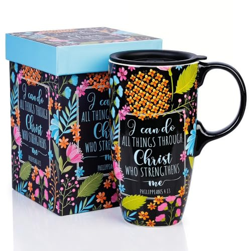 DUSVALLY 500ml Inspirational Coffee Mug with Lid, Floral Ceramic Travel Mug | Philippians 4:13 Scripture Cup, Microwave & Dishwasher Safe, Gift Box Included