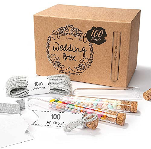 Tuuters 100x Kunststoff Reagenzglas mit Korken Juteschnur und Etikett (105 x ø 17mm) als Gast-Geschenk für Hochzeit Hochzeitsdeko