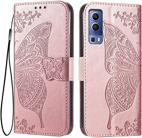 EASSGU Coque pour Vivo Y52 5G / Vivo Y72 5G (6.58 inches) Etui Flip Magnétique avec 3 Fentes pour Cartes 1 Portefeuille, Housse - Or Rose