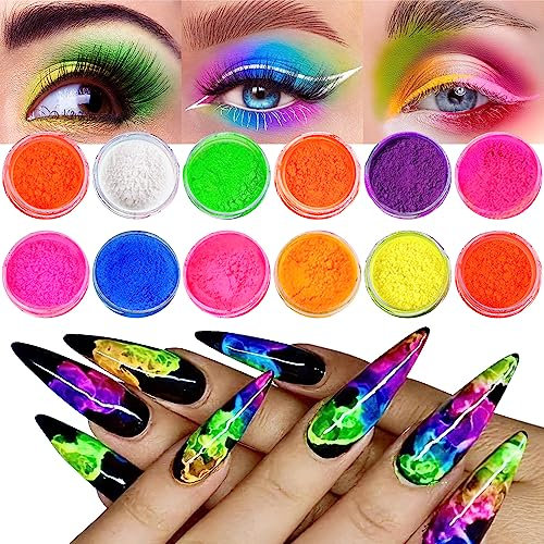 Neon Pigment Powder for Nails Eyeshadow - 12 Colors Fluorescent Neon Rainbow Smoke Nails