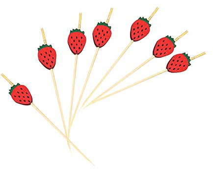 JIHUOO 100 Pcs Fruit Shape Cocktail Picks Skewers Fruit Sticks Food Sandwiche Picks Snack Tooth Picks Wooden Party Toothpicks for Appetizers Drinks Strawberry