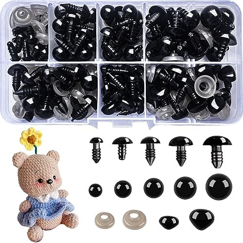 Sicherheitsaugen für Häkeltiere, 240 Stück Sicherheitsaugen und Sicherheitsnasen mit Unterlegscheiben, Puppenaugen Sicherheitsnasen Kunststoff Teddyaugen für Amigurumi Puppe Plüschtier (6-12mm)