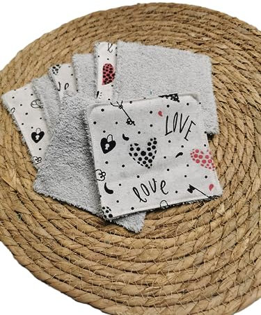 Lot de 8 lingettes réutilisables LOVE/eponge gris/écologique et lavables/bébé/cadeau naissance/lingettes démaquillantes/carré à démaquiller